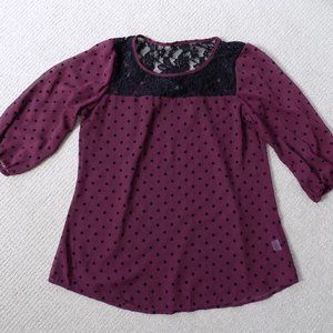 WOMENS BOBEAU POLKA DOT LACE 3/4 SLEEVE FLOWY TOP BLOUSE
